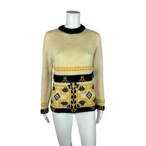 Vintage 60s Sweater Women's Medium Nordic Yellow Pattern Mod Pullover